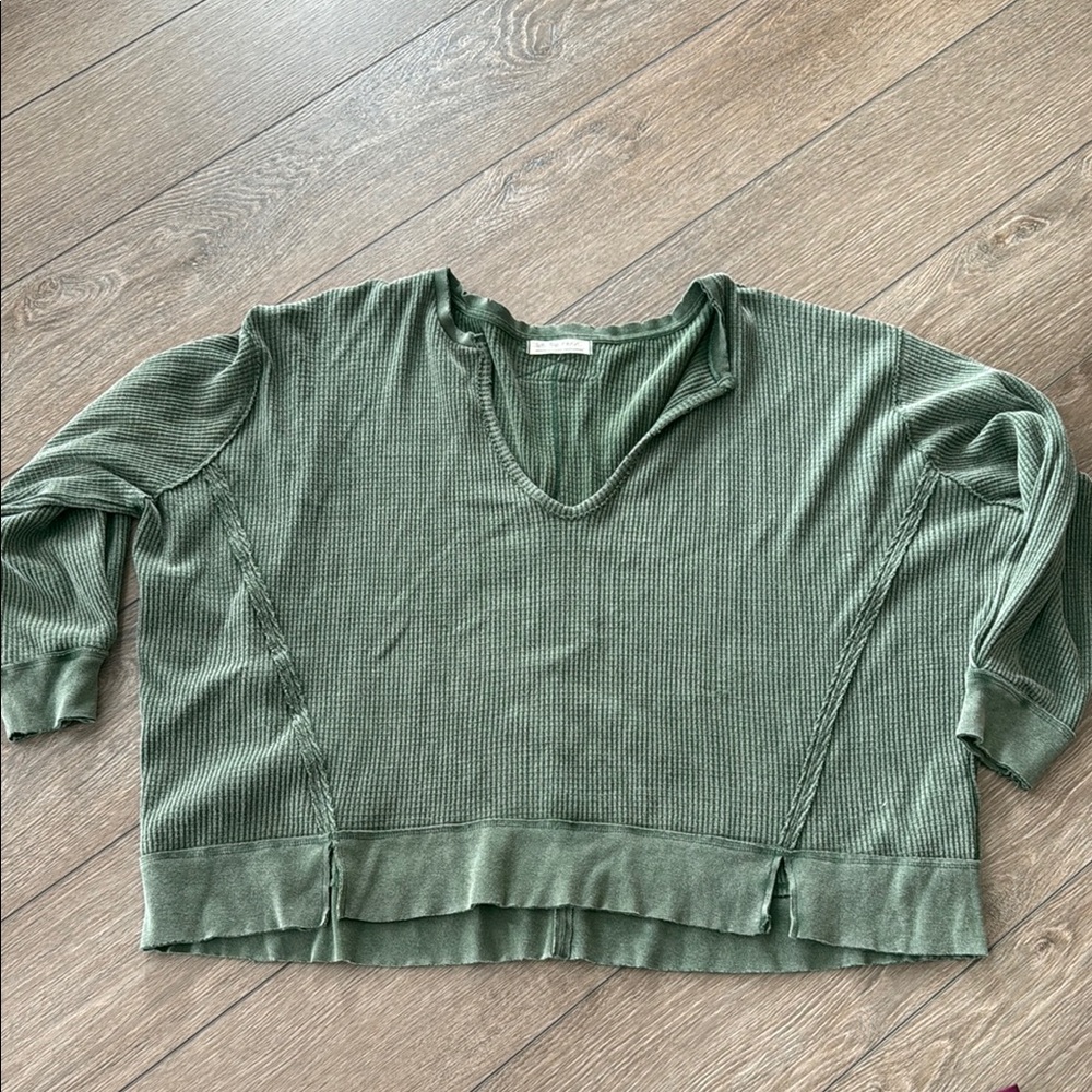 Green V-Neck Waffle Knit Sweater
